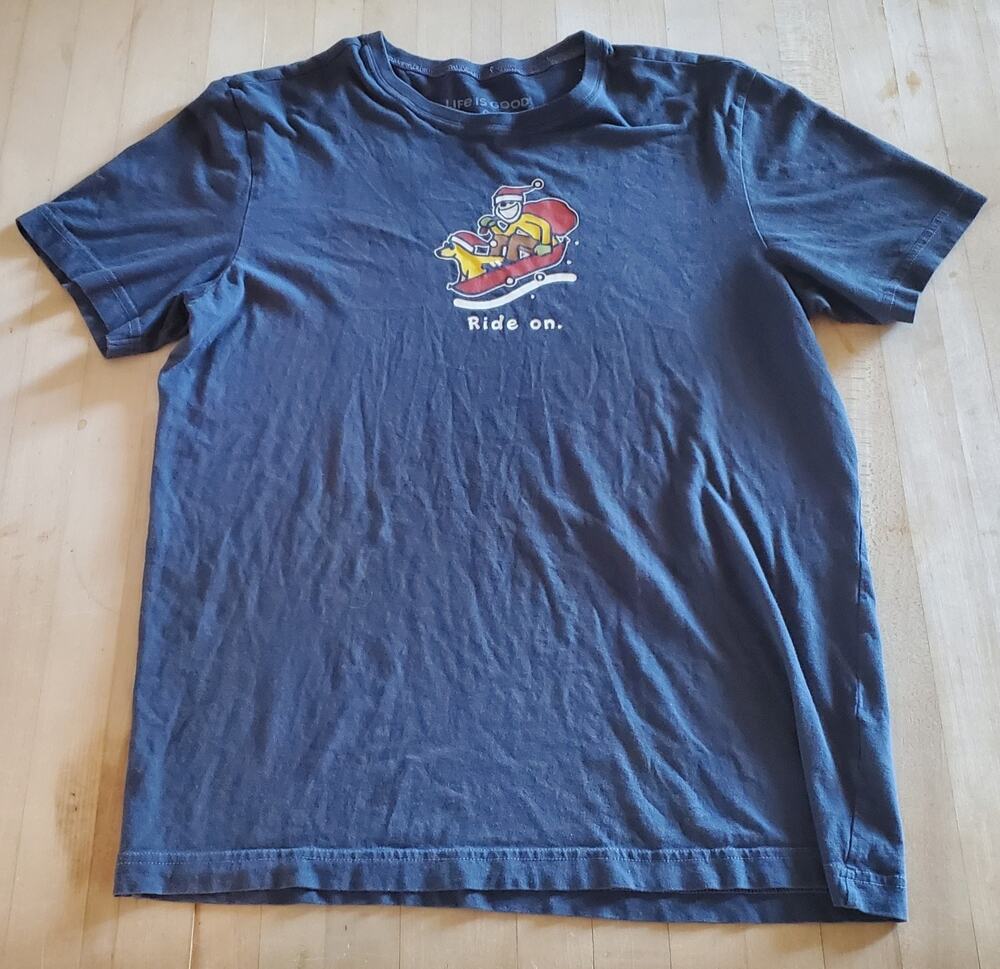 Life Is Good T-Shirt Mens Small Blue SANTA & DOG Shirt Short Sleeve Cotton Tee